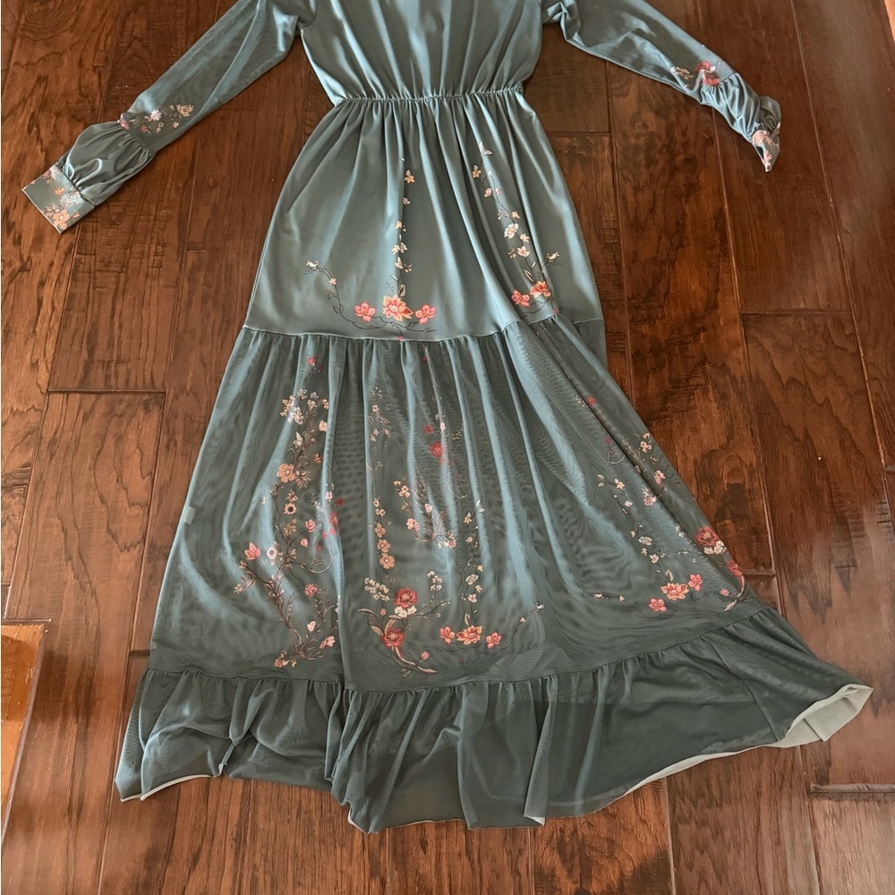 Floral Embroidered Sage Green Maxi Dress​ - Picture 5 of 5